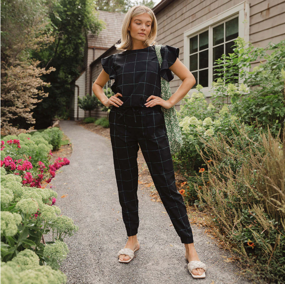 Albion Fit 9 To 9 Ruffle Short Sleeve Jumpsuit Black White Windowpane XS